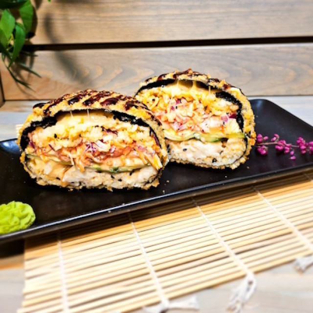 #703 Sushi burger with tiger prawns